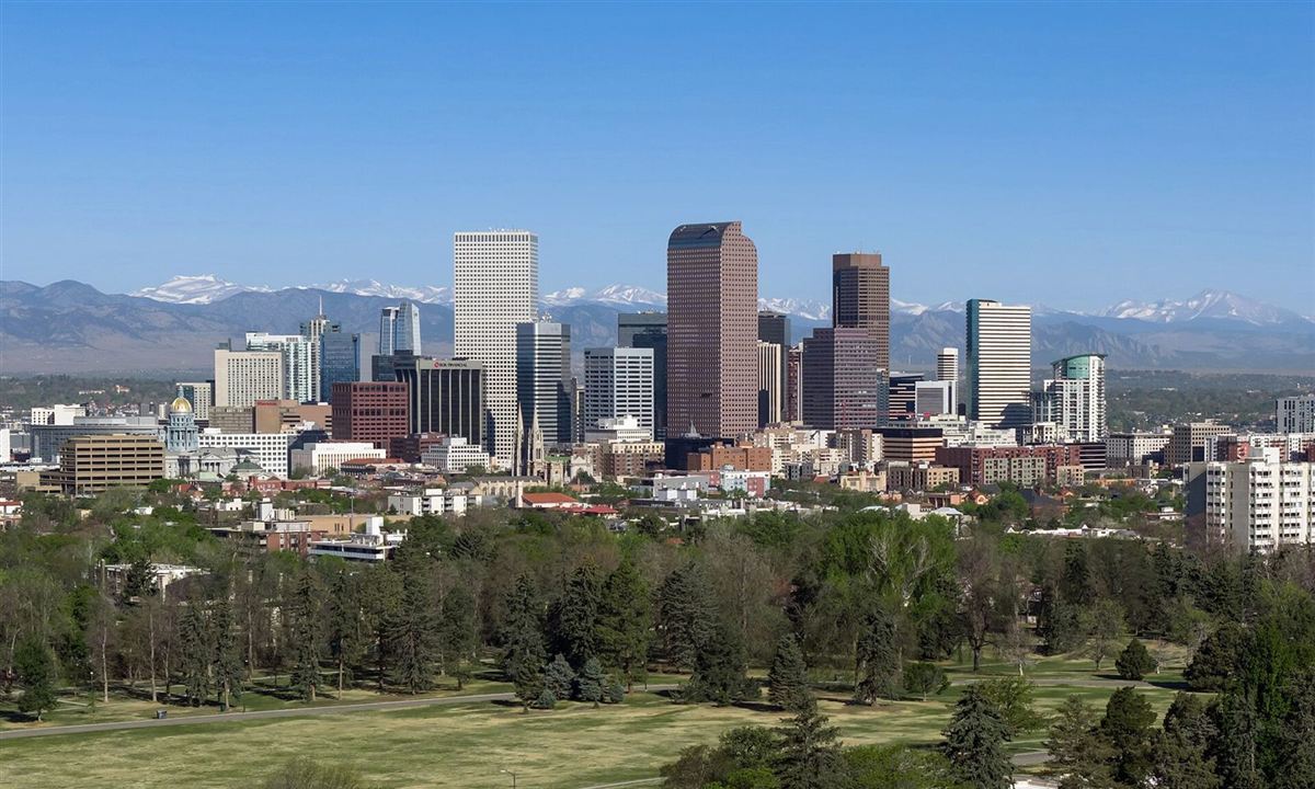 Denver metropolitan skyline seen at dusk