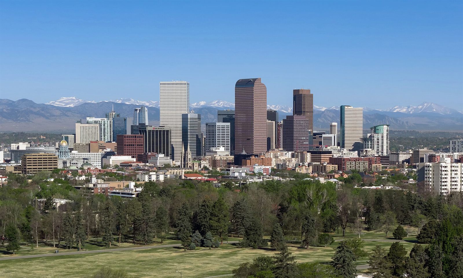 Denver metropolitan skyline seen at dusk